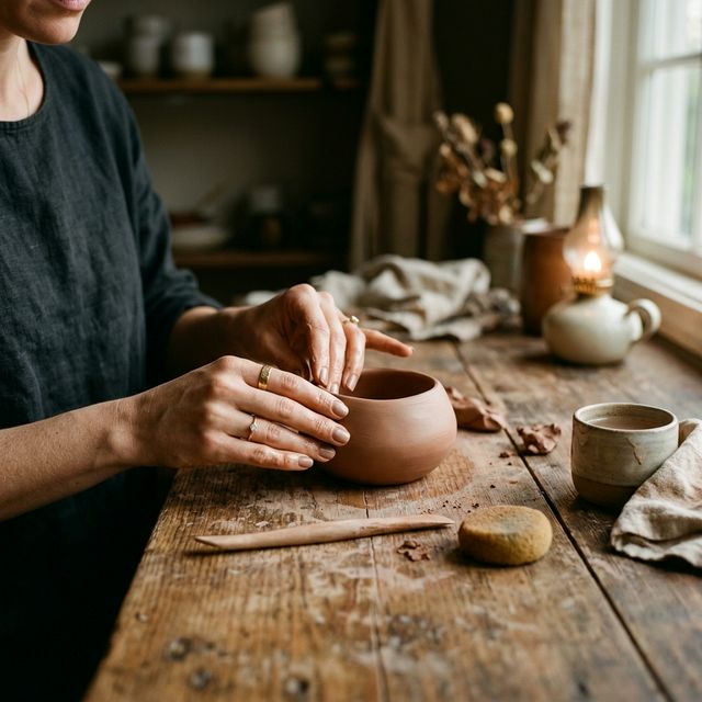 Ästhetische Hände formen ein zartes Tonobjekt in warmer Umgebung.