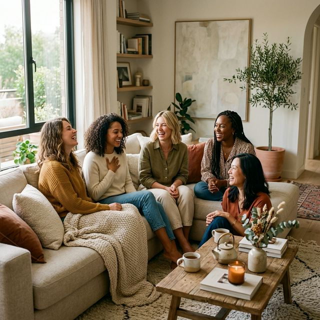 Eine Gruppe von Frauen, die entspannt und herzlich lachen bei einer Toyparty.